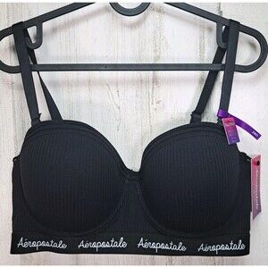 Aeropostale Padded Underwire Balconette Bra Size 38D Black Cotton Ribbed NWT
